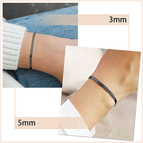 ChainsHouse Stainless Steel Herringbone Flat Chain Bracelets for Women,18K Gold/Rose Gold/Black Metal Paperclip/Snake/Cuban/Figaro Sterling Silver Link Charm Bracelet, 16+5cm Adjustable, With Gift Box - color: g. herringbone-black-6mm