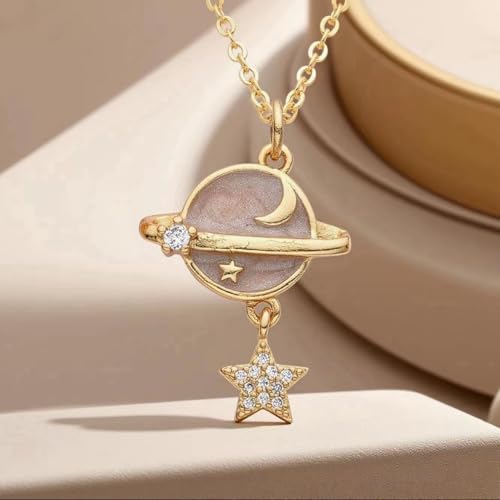 Planet Necklace for Women Gold-Plated Adorned with Saturn Earth Moon and Star Pendants Paired with a Medallion Pendant and Paperclip Chain Choker Adjustable Chain Length Jewelry Gift for Birthdays Dances and Parties - style: Star