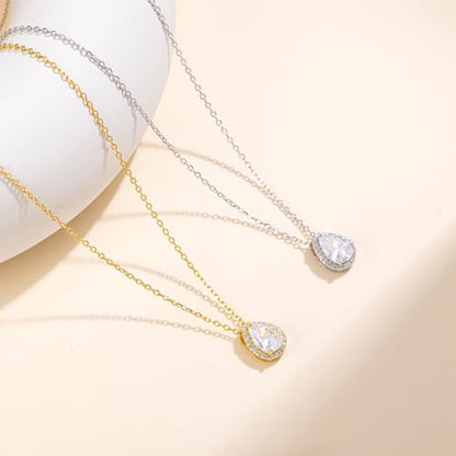 S925 Sterling Silver 14K Gold Necklace for Women Teardrop Cubic Zirconia Dainty Necklace Imitation Diamond Pear Cut CZ Pendant Necklaces for Women 18+2 Inch Jewelry Gift for Her - color: Silver