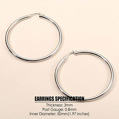 MILACOLATO S925 Sterling Silver Post Hoop Earrings 14K Gold Plated Hoops 3mm Chunky Large Big Hoop Earrings Hypoallergenic Lightweight Earrings for Women 15/20/30/40/50/60/70mm - style: silver-50mm(1.97inch)