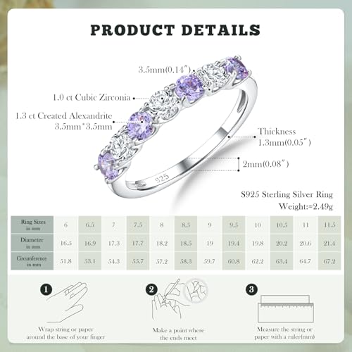 3.5mm Stackable Rings S925 Sterling Silver Created Birthstone & Cubic Zirconia Ring for Women Wedding Bands Anniversary Birthday Jewelry Size 6 to 10(with Box) - color: 06-Created Alexandrite & CZ-Jun