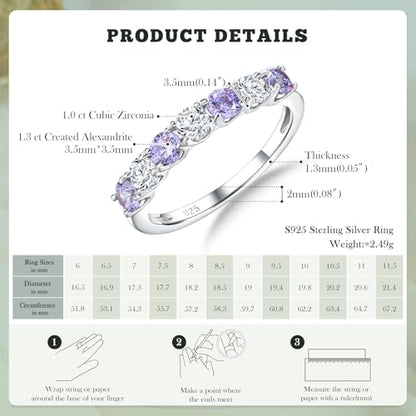 3.5mm Stackable Rings S925 Sterling Silver Created Birthstone & Cubic Zirconia Ring for Women Wedding Bands Anniversary Birthday Jewelry Size 6 to 10(with Box) - color: 06-Created Alexandrite & CZ-Jun