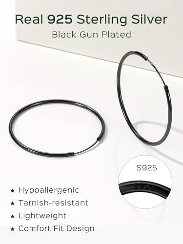 ChicSilver 925 Sterling Silver Hoop Earrings for Women Hypoallergenic, Lightweight Large Gold Plated Silver Hoop Earrings, Endless Hoops Earring 20/30/40/50/60/70MM - color: A. High Polished Black, size: 50mm