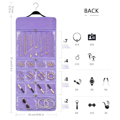 SMRITI Hanging Jewelry Organizer with Dual Zippered Pockets Canvas Double Sided Rotating Hanger Necklace Hanging Wall Organizer Earring Dustproof Holder Wall Mount Accessories Display Bag(Purple) - color: Purple