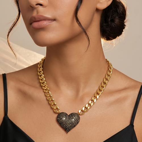 Gold Cuban Link Chain Necklace with Red Crystal Heart Pendant, Statement Chunky Curb Link Chain，Fashion Jewelry for Women - color: Black
