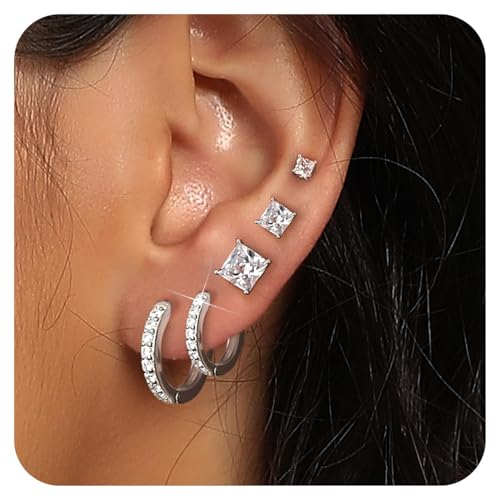 White Gold Earrings for Women Men Hoop and Stud Earring Set | Hypoallergenic 14K White Gold Plated Hoops Huggie Stud Earrings Set Round Cubic Zirconia Ear Jewelry - style: A2-White Gold-Hoop&Square Stud (5 Pairs)