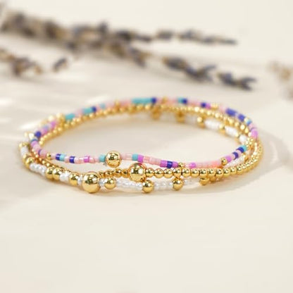 Gold Beaded Bracelet Stack for Women Colorful Small Seed Beads Bracelets Set Boho 14K Gold Plated Ball Stackable Stretch Non-Tarnish Dainty Jewelry Trendy Accessory Friendship Gift - color: pink purple and white