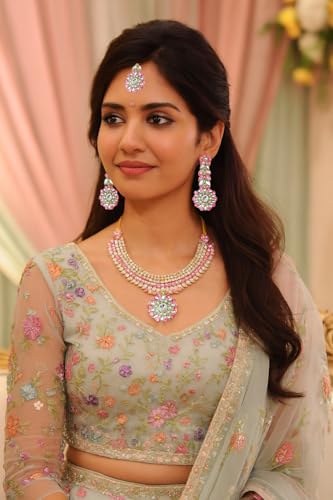 Touchstone Indian Bollywood Traditional Craftsmanship Mughal Designer Jewelry Wedding Necklace Set in Antique Gold Or White Tone for Women. - style: D135 Pink
