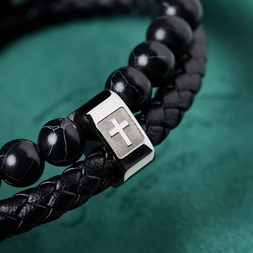 Cross Bracelet for Men - Genuine Leather Religious Bracelets | Stylish Christian Bracelet for Men - Perfect Faith Accessory | Mens Cross Bracelet - Christian Jewelry - style: Midnight