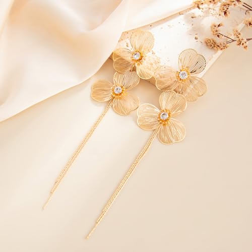 Gold Flower Tassel Dangle Earrings for Women,Boho Chunky Floral Long Fringe Statement Earring,Fashion Spring Jewelry Party Prom Accessories - color: Golden