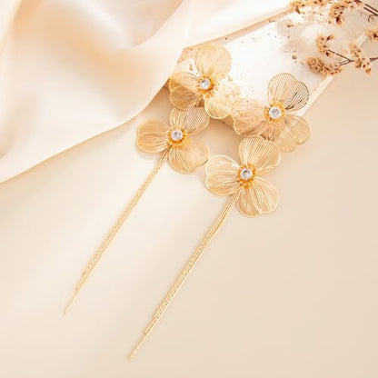 Gold Flower Tassel Dangle Earrings for Women,Boho Chunky Floral Long Fringe Statement Earring,Fashion Spring Jewelry Party Prom Accessories - color: Golden