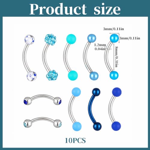 10 Eyebrow Rook Piercing Jewelry Set With Blue Balls for Women Men | Vertical Labret Lip Jewelry Earrings Curved Barbell Piercings Eyebrow Rings Women Tiny Ear Rook Helix Conch Daith Belly Rings