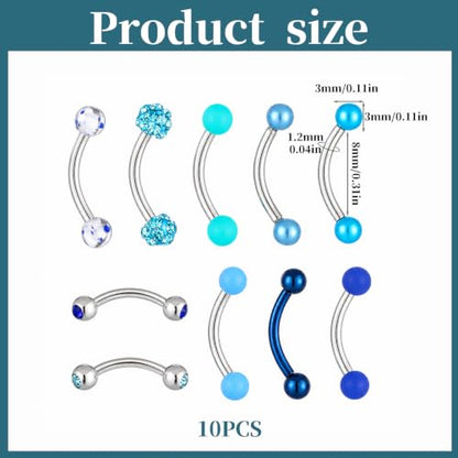 10 Eyebrow Rook Piercing Jewelry Set With Blue Balls for Women Men | Vertical Labret Lip Jewelry Earrings Curved Barbell Piercings Eyebrow Rings Women Tiny Ear Rook Helix Conch Daith Belly Rings