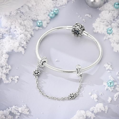 Hapour 925 Sterling Silver Safety Chain Charm for Bracelet Pendant Beads | Dragonfly Dangle Charm, Seashell Starfish Heart Clip Stopper Spacer Beads Jewelry - color: Silver Snowflake