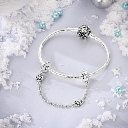 Hapour 925 Sterling Silver Safety Chain Charm for Bracelet Pendant Beads | Dragonfly Dangle Charm, Seashell Starfish Heart Clip Stopper Spacer Beads Jewelry - color: Silver Snowflake