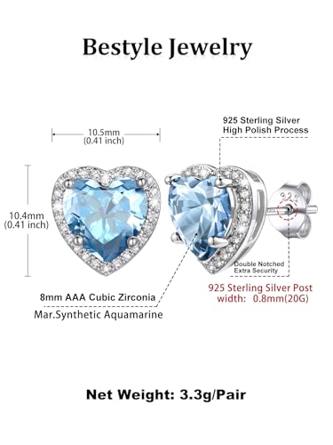 Bestyle Authentic 925 Sterling Silver 2 Carat Birthstone Earrings for Women, More Sparkle Heart/Round Solitaire Diamond Studs Earrings, Great Birthday/Christmas/Anniversary Jewelry for Wife Mother - color: 03. Mar. Aquamarine-Heart