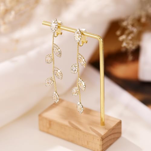 Gold/Silver Clip on Earrings Non Pierced for Women - 14K Gold Plated Long Tasse Drop Dangle Clip Earrings - Cubic Zirconia Leaf Earrings for Women Gold Wedding Jewelry Gifts - color: Gold -tone