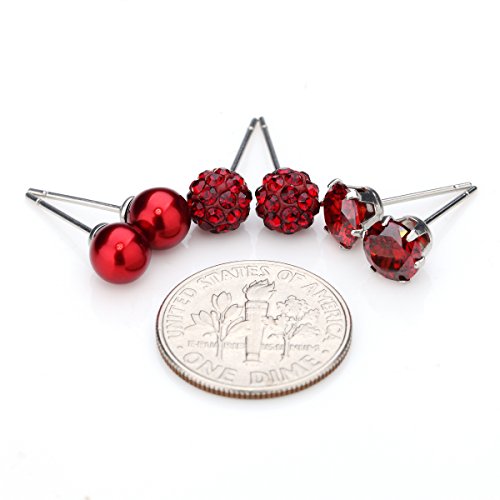 JewelrieShop Birthstone Studs Earring Set Cubic Zirconia Rhinestones Crystal Ball Faux Pearl Stainless Steel Stud Earrings for Women Jewelry Gift (6mm Round,3 Pairs) - color: 1) Jan. - Deep Red