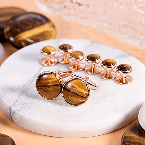 HAWSON Cufflinks and Tuxedo Studs Set for Men with Gift Box, Mother-of-Pearl Cuff links for French Cuff Shirt and Dress Shirt, Suitable for Wedding, Birthday, Party - style: Rose Gold & Tiger Eye