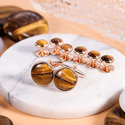 HAWSON Cufflinks and Tuxedo Studs Set for Men with Gift Box, Mother-of-Pearl Cuff links for French Cuff Shirt and Dress Shirt, Suitable for Wedding, Birthday, Party - style: Rose Gold & Tiger Eye
