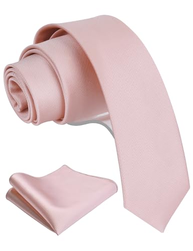 GUSLESON 2.4" Slim Necktie and Handkerchief Set For Men Solid Skinny Tie Set - color: Blush Pink