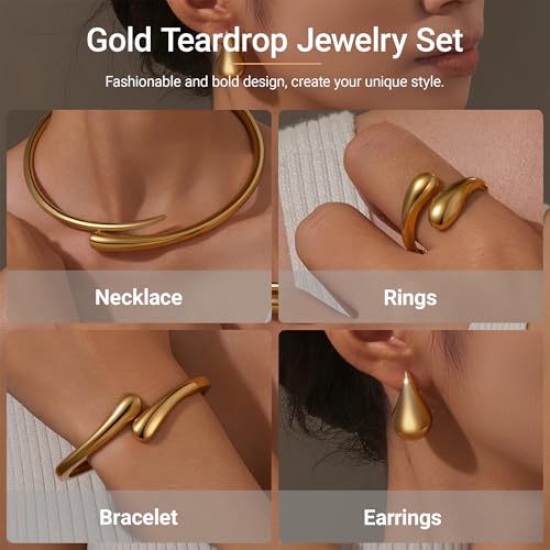 4 Pcs Chunky Gold Jewelry Set for Women, 14K Gold Plated Cuff Choker Collar Necklace, Teardrop Drop Earrings, Teardrop Wrap Ring, Hinged Cuff Bangle Bracelets, Statement Fashion Jewelry - color: Gold