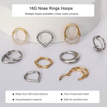 Titanium 16G Septum Ring Piercing Jewelry Nose Rings Hinged Clicker Hoop | G23 Titanium Silver Gold Hinged Segment Daith Piercing Jewelry Non-irritating , Clicker Septum Nose Piercing Jewelry Hoops - color: 03 Heart CZ-Silver, size: 16G-10mm