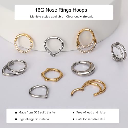 Titanium 16G Septum Ring Piercing Jewelry Nose Rings Hinged Clicker Hoop | G23 Titanium Silver Gold Hinged Segment Daith Piercing Jewelry Non-irritating , Clicker Septum Nose Piercing Jewelry Hoops - color: 08 Circle-Silver, size: 16G-10mm
