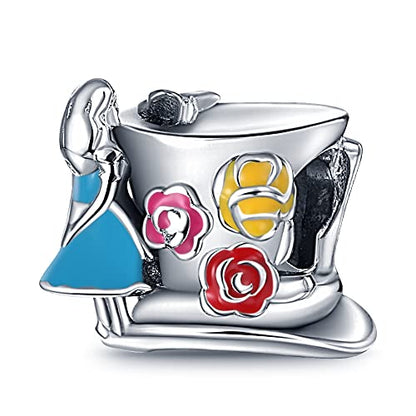LIGHTDOG 925 Sterling Silve Charms fits Pandora Bracelets Necklace,5A Zircon Dangle Pendant Bead,Mother's Day Gift Jewelry Beads for Women - style: Alice in Wonderland & Mad Hatters Tea Party Charm