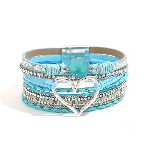 Womens Love Heart Leather Wrap Bracelet Multi-layer Stacked Bangle | Magnetic Clasp Soft PU Leather Resin Stone Rhinestone Boho Style Birthday Valentine Christmas Bohemian Jewelry Gift - color: Sky Blue