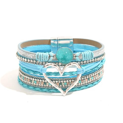 Womens Love Heart Leather Wrap Bracelet Multi-layer Stacked Bangle | Magnetic Clasp Soft PU Leather Resin Stone Rhinestone Boho Style Birthday Valentine Christmas Bohemian Jewelry Gift - color: Sky Blue