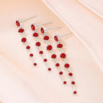 2 Pairs Long Diamond Dangle Tassel Earrings for Women | 14K Gold Silver Plated, Dainty Diamond Crystal Drop Earring, Small Cz Statement Dangly, for Wedding Bridesmaid, Jewelry Gifts - color: 2 Pairs Silver-Red