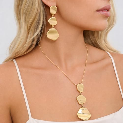 Statement Necklace and Earrings Set – 2PCS Gold Silver Chunky Geometric Pendant Jewelry with Snake Chain, Asymmetrical Ellipse Y-Necklace Metallic Fashion Jewelry for Women - color: B:Gold Angular Shape