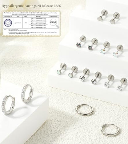 LOLIAS Hypoallergenic Flat Back Earrings for Women-Surgical Steel Earrings for Sensitive Ears 20G Stainless Steel Earring Stacks Small Flatback Stud Hoop Cartilage Earring - color: Silver