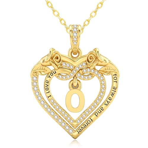 14K Gold Initial Letter Rose Heart Pendant Necklace for Women, Anniversary Birthday Jewelry Gifts for Wife Mom Grandma Sister Daughter, I Love You for Always And Forever - style: 14K Gold-O