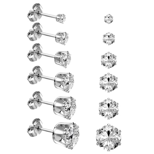 6/12 Pairs Silver Gold Stainless Steel Stud Earrings Set for Women Men | Hypoallergenic, 3 4 5 6 7 8 mm CZ, Lightweight, 14K Gold Plated Surgical 316L, Cubic Zirconia, Multiple Piercing Jewelry - color: Silver-6Pairs