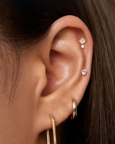 COCHARM 16G Threadless Labret Stud Earrings Flat Back Helix, Tragus, Cartilage,Conch Piercing Jewelry Square CZ Push Pin Lobe Stud 6mm 8mm 316L Steel Silver, Gold - color: Gold, size: 1.2x6mm