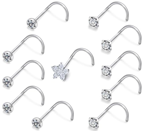 Prjndjw 20G Big Nose Stud Large Nose Studs Surgical Stainless Steel Straight Nose Studs 4mm CZ Paved CZ Nose Rings with 6-CZ Flower Ring for Women Men 11 Pieces - color: 4mm CZ Big 18G Silver Screw Curved Nose Stud