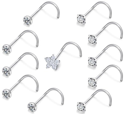 Prjndjw 20G Big Nose Stud Large Nose Studs Surgical Stainless Steel Straight Nose Studs 4mm CZ Paved CZ Nose Rings with 6-CZ Flower Ring for Women Men 11 Pieces - color: 4mm CZ Big 18G Silver Screw Curved Nose Stud