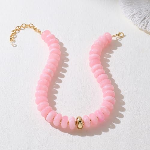 Beaded necklace for Women Boho Bead Gemstone Chunky Necklace Big Bead Necklace Fashion Trendy Summer Necklaces Jewelry Gifts - color: Pink&GD Beaded