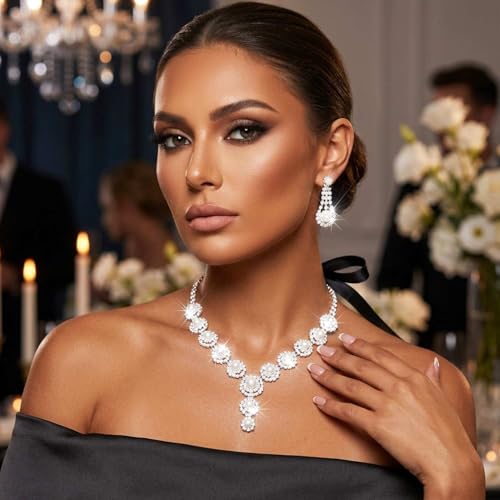Nicute Pearl Jewelry Set Sparkly Rhinestone Necklace Earrings Sets Prom Costume Bridal Jewelry Set for Women - color: Silver