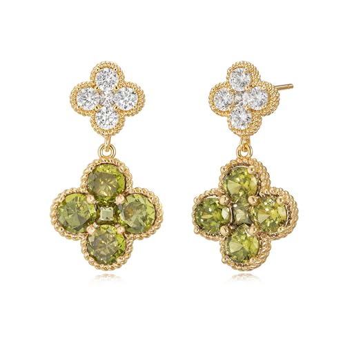 MTMY Dangle Earrings for Women 14K Gold Plated Four Leaf Clover Dangling Drop Birthstone Stud Earrings Trendy Flower Birthstone Jewelry Birthday Gifts - style: Aug.-Peridot