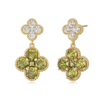 MTMY Dangle Earrings for Women 14K Gold Plated Four Leaf Clover Dangling Drop Birthstone Stud Earrings Trendy Flower Birthstone Jewelry Birthday Gifts - style: Aug.-Peridot