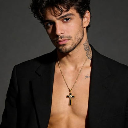 Men's Cross Necklace 316L Stainless Steel Large Heavy Cross Pendant for Men Polished Jewelry Rolo Chain with 22'' 24'' 26'' - color: G-Black and Gold-Tone, size: 24 inch