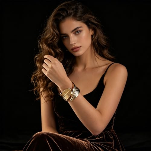 CJIAYUJEW Chunky Gold Cuff Bracelets for Women Exaggerated Geometric Leaf Open Wide Bracelets Trendy Retro Adjustable Party Jewelry Accessaries - color: leaf