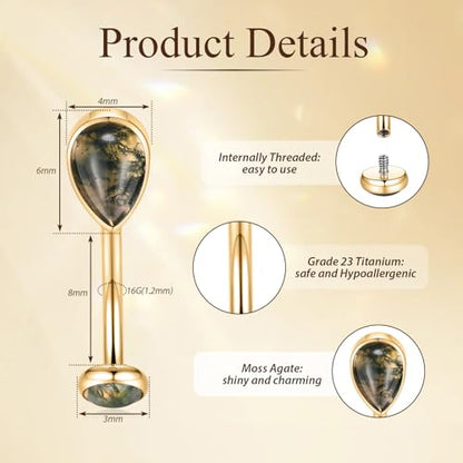 PEAKLINK G23 Titanium Eyebrow Ring 16G Rook Daith Tragus Helix Piercing Internal Threaded Curved Barbell Vertical Labret Lip Jewelry Small Belly Button Ring - color: Gold with Moss Agate