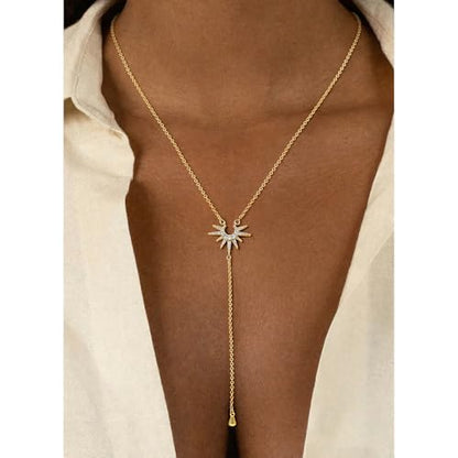14K Gold Plated Layered Lariat Necklace for Women - Waterproof Non-Tarnish Dainty Gold Chain Necklace, Long Boho Statement Jewelry for Wedding, Prom, Summer Vacation Gifts - color: CZ Y Necklace-Gold