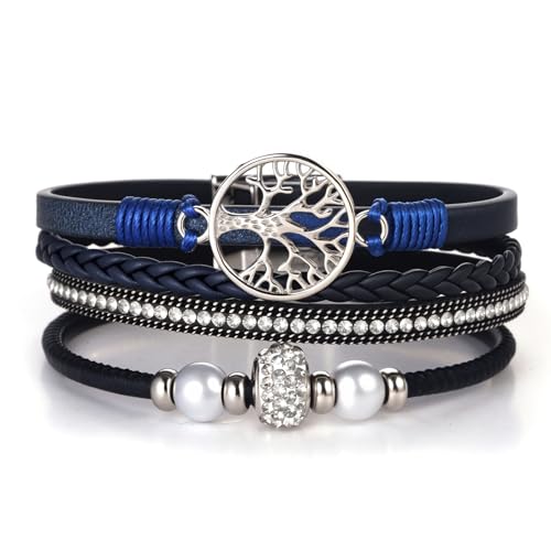 hotoo Leather Wrap Bracelets for Women Tree of Life Cuff Bracelets Pearl Rhinestone Bead Multi-Layer Bracelets Bohemian Jewelry Gift for Women - color: Blue