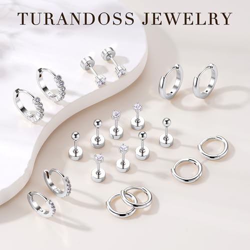 Turandoss 10 Pairs Gold Hoop Earrings for Women | 14K Gold Plated Stud Hoop Earrings, Flat Back, Cartilage Earring Stacks, Multiple Piercing, Hypoallergenic - color: Silver Plated