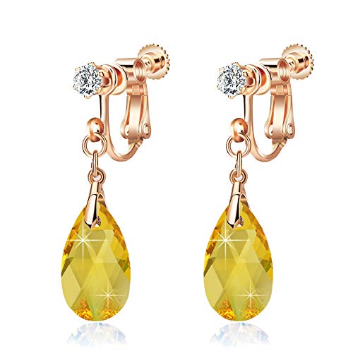 EVEVIC Austrian Crystal Teardrop Clip On Drop Earrings for Women | Adjustable Screw-Back Fit, 14K Rose Gold-Plated, Soft Silicone Pads Included, Comfortable For Pierced Or Non-Pierced Ears - color: Yellow Golden